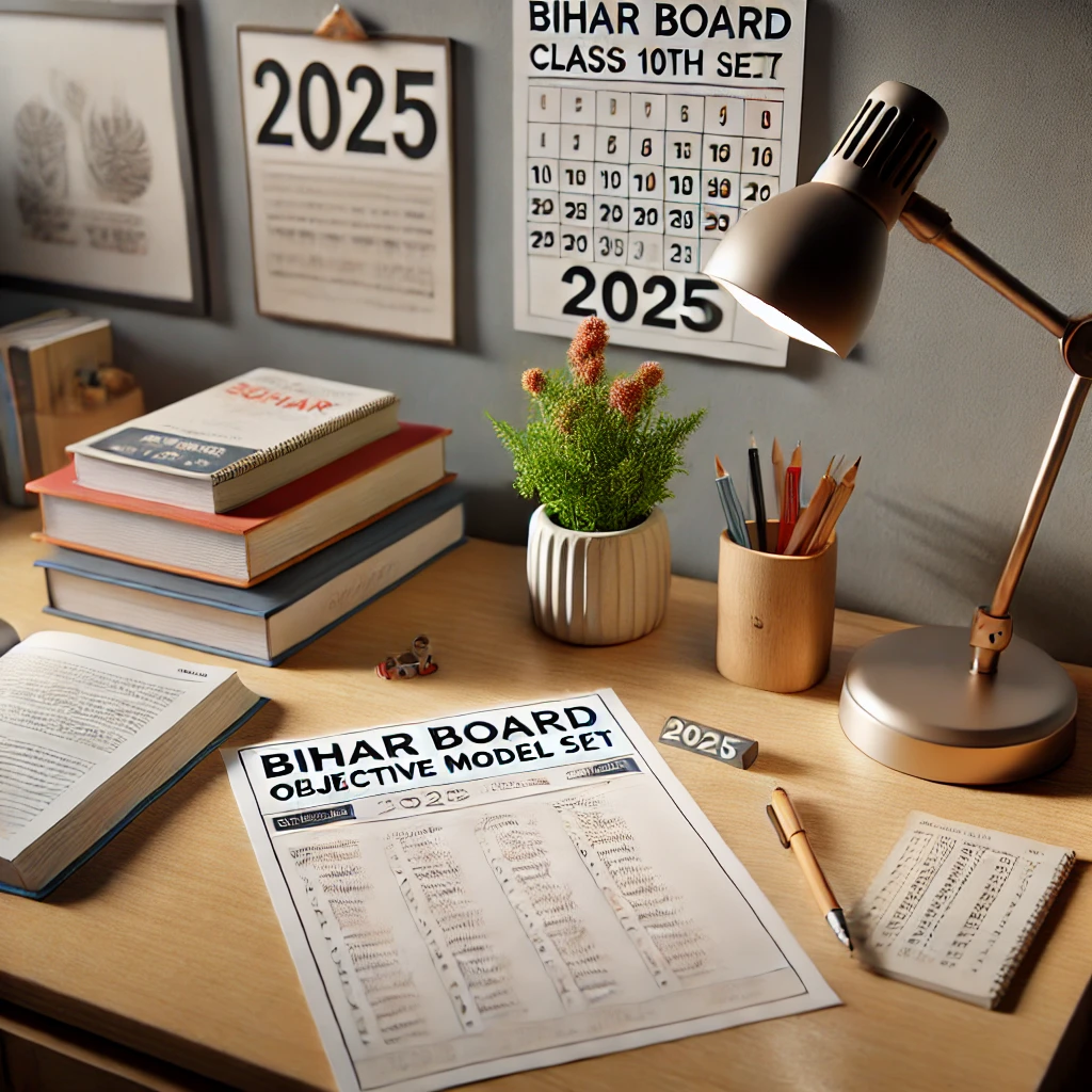 DALL·E 2024 09 16 17.23.27 A realistic image representing a Bihar Board Class 10th Objective Model Set for the year 2025. The image features a neatly arranged study desk with ed