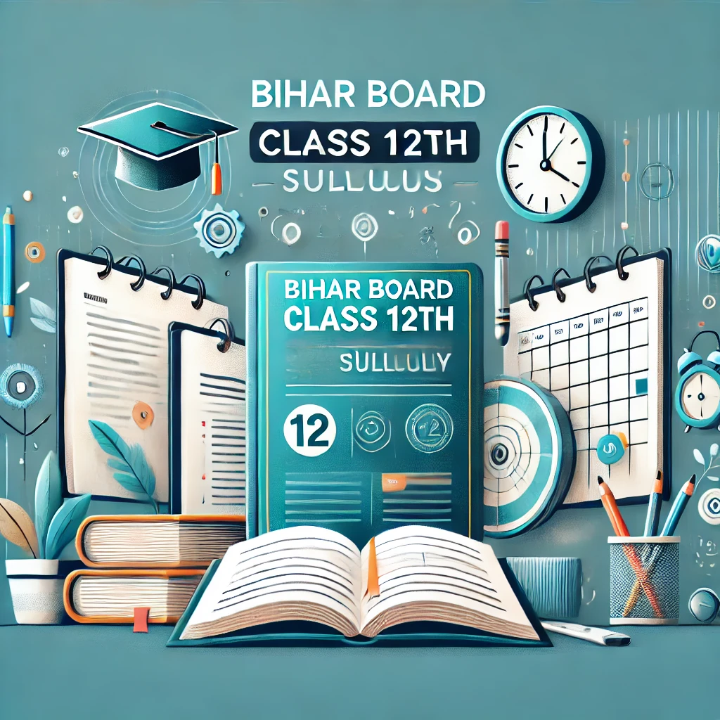 DALL·E 2024 09 21 18.20.58 A professional and educational banner for a website showcasing the Bihar Board Class 12th Syllabus. The design should feature study materials like t