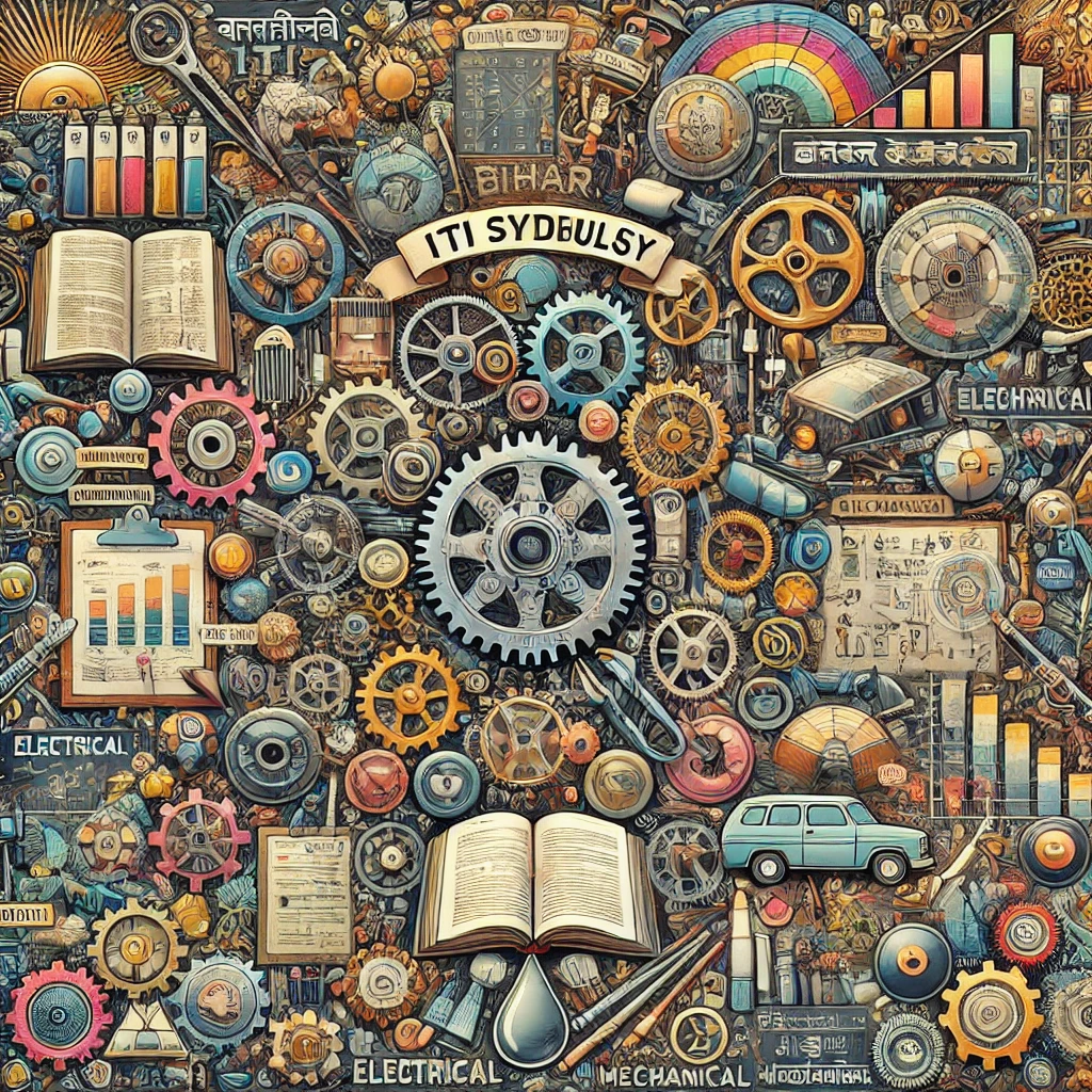 DALL·E 2024 09 21 19.00.34 An artistic representation of the Bihar ITI syllabus visualized as a detailed educational illustration. The image includes elements like tools gear