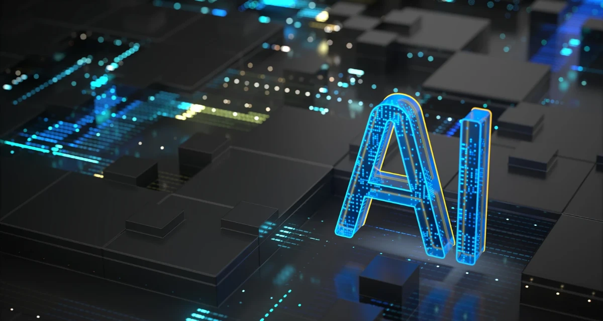 3D AI text glowing with digital circuit background representing artificial intelligence technology