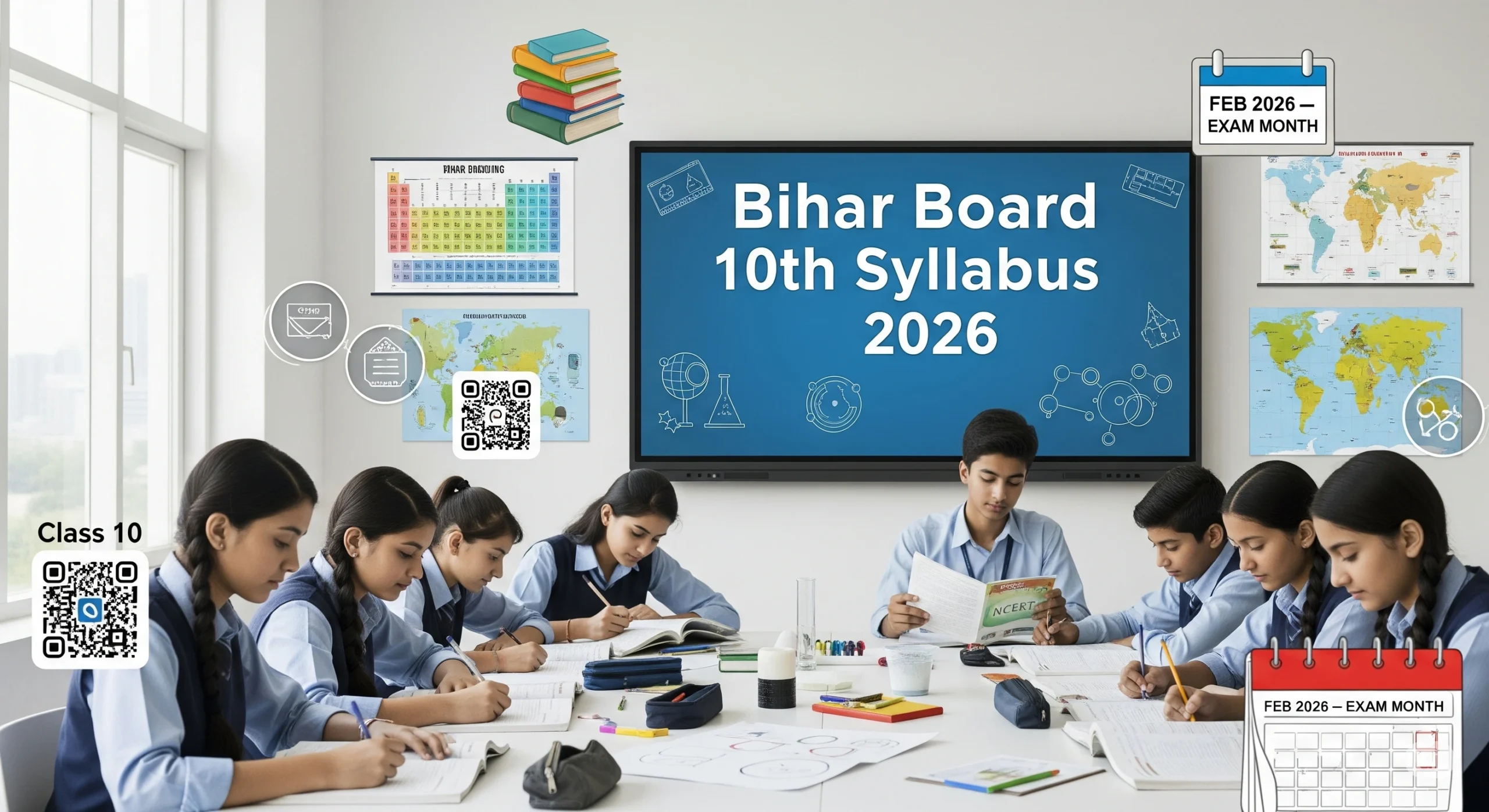 Students of Class 10 studying in a modern classroom with NCERT books, focusing on the Bihar Board 10th Syllabus 2026 displayed on a digital screen. Educational posters like the Periodic Table and World Maps are on the wall. QR codes and a calendar showing "Feb 2026 – Exam Month" highlight the digital and academic focus of the scene.