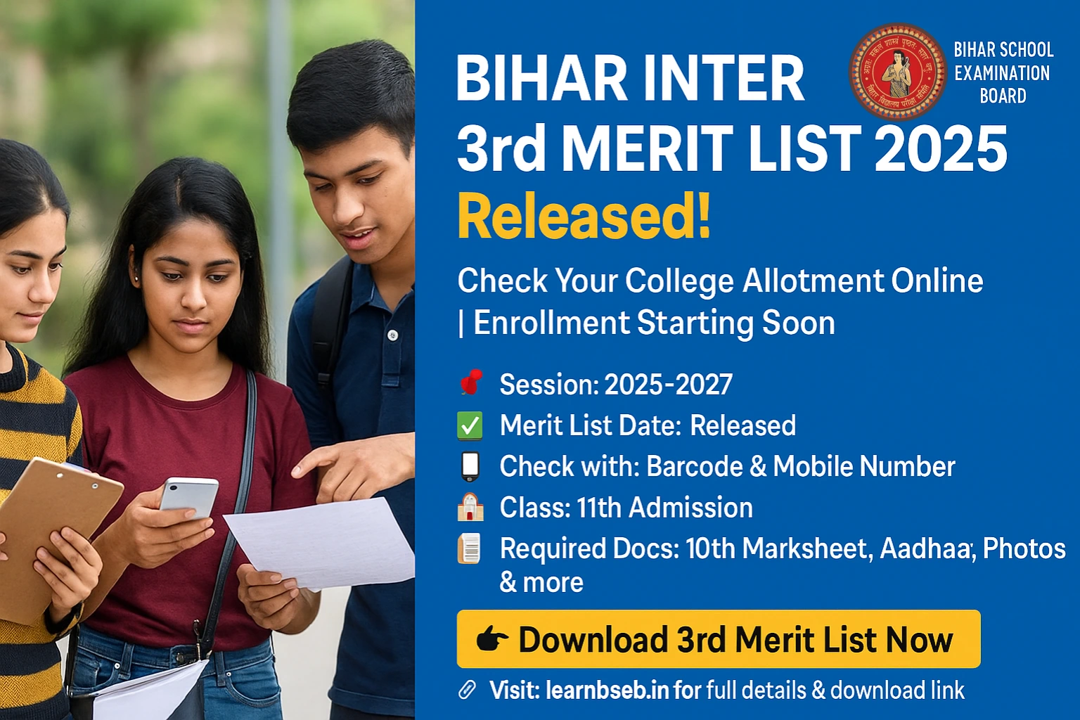 Bihar Inter 3rd Merit List 2025:Bihar Inter Admission 3rd List Released