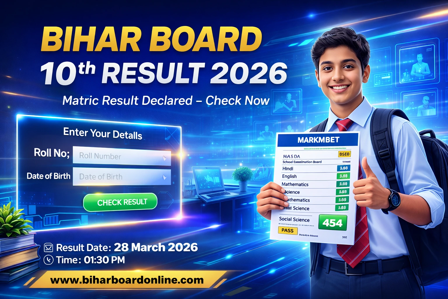 Bihar Board 10th Result 2026 banner showing student with marksheet and online result checking interface