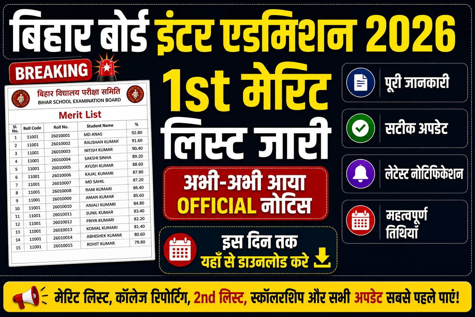 Bihar Board Inter 1st Merit List 2026