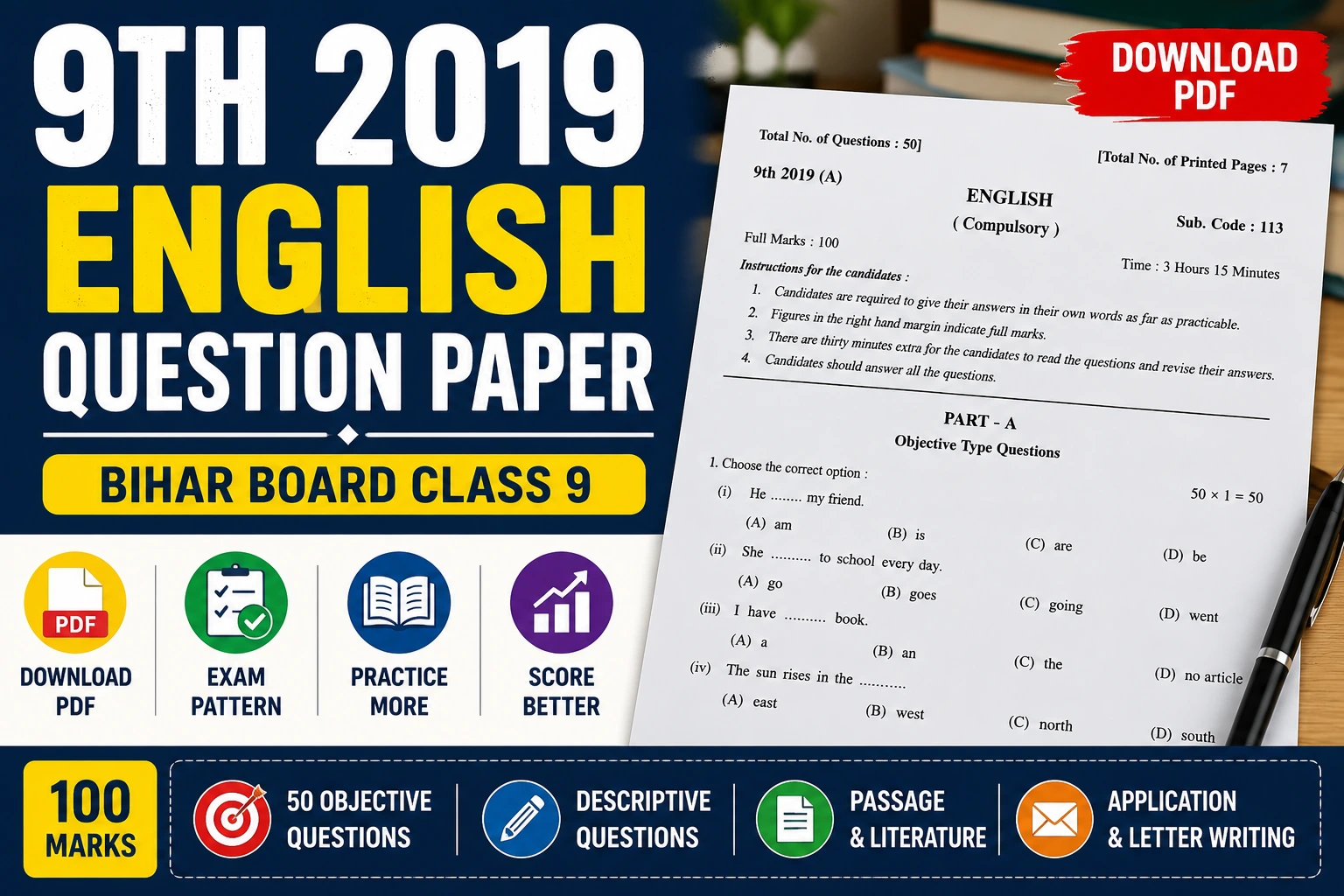 The 9th 2019 English question paper is a valuable practice resource for students preparing for the Bihar Board Class 9 English examination. It helps learners understand how objective questions, comprehension passages, literature answers, paragraph writing, applications and letters were arranged in an earlier examination. Solving an old question paper is not only about checking whether you know the answers. It also teaches you how to read instructions, select questions, manage time, organise long answers and identify the topics that require more revision. An archived Bihar Board-oriented analysis describes the 2019 English paper as a 100-mark examination divided into objective and descriptive parts. It reports 50 one-mark objective questions in Part A, followed by literature, writing and application or letter-writing questions in Part B. Students should remember that the exact phrase “9th 2019 English question paper” is also used online for papers belonging to different boards and school systems. Therefore, always check the board name, class, subject, maximum marks and prescribed books before downloading a PDF. Important note: The 2019 paper should be used as a previous-year practice resource. Do not assume that every question type or marking rule will remain unchanged in the latest examination. 9th 2019 English Question Paper: Quick Answer The 9th 2019 English question paper helps Class 9 students practise objective questions, reading passages, literature answers, paragraph or essay writing, applications and letters. The archived Bihar Board paper analysis presents it as a 100-mark paper with 50 objective marks and 50 descriptive marks. Class 9 English Question Paper 2019 Overview Particular Details Keyword 9th 2019 English Question Paper Target Board Bihar School Examination Board Class 9 Subject English Examination Year 2019 Question Types Objective and descriptive Archived Maximum Marks 100 Objective Questions 50 questions of one mark each Descriptive Portion Literature, writing and letters/applications Best Use Previous-year practice and self-assessment PDF Status Verify board and paper details before downloading Answer Key Use only after completing the paper independently The archived format page lists a duration of three hours and fifteen minutes and divides the 100 marks among objective questions, passages, literature answers, writing and applications. 9th 2019 English Question Paper PDF Download A searchable third-party archive lists a downloadable Class 9 English question paper for 2019. However, because the same keyword can refer to papers from different boards, students should verify the first page of the PDF before treating it as a Bihar Board paper. Before downloading or printing, check these details: The paper should mention Class 9 or Standard IX. The subject should be English. The examination year should be 2019. The board or school authority should be clearly visible. The maximum marks should match the paper instructions. All pages should be present and readable. No page should belong to another subject or examination. How to Add the PDF on LearnBSEB.in For the published LearnBSEB article, upload a clear scanned copy of the verified paper and place a download button below the overview table. Suggested button text: Download 9th 2019 English Question Paper PDF Also provide: PDF file size; number of pages; language or medium; board name; whether answers are included; a separate preview button. Do not upload a blurred scan. Students should be able to read every question, option and punctuation mark clearly. Why Should Students Solve the 9th 2019 English Question Paper? Previous-year papers are useful because they convert general preparation into exam-oriented practice. Understanding the Question Paper Structure A textbook contains chapters, exercises and grammar rules. A question paper shows how these areas may be converted into objective, short-answer and long-answer questions. By solving the paper, students can understand: how questions are worded; how choices are provided; which questions require direct answers; which answers require explanation; how writing tasks are presented; how marks are distributed. Identifying Strong and Weak Areas A student may feel fully prepared until attempting a complete paper. The paper can reveal weaknesses such as: difficulty understanding passages; confusion between similar grammar rules; slow writing speed; incomplete literature answers; incorrect letter format; poor spelling and punctuation; inability to complete the paper on time. Improving Time Management English papers often contain many different tasks. A student may spend too much time writing one paragraph and then rush through objective or literature questions. Timed practice helps students decide: how long to spend on objective questions; when to move to the next section; how much detail a five-mark answer needs; how much time to reserve for revision. Learning Answer Presentation English marks depend not only on knowledge but also on presentation. A well-written answer should have: correct question number; complete sentences; suitable paragraph division; relevant content; proper format; readable handwriting; correct spelling and punctuation. Bihar Board Class 9 English Question Paper 2019 Pattern According to an archived Bihar Board Class 9 English paper analysis, the 2019 paper had two main parts. Part A contained 50 objective questions carrying one mark each. Part B contained 11 descriptive questions involving literature passages, short answers, paragraph writing and applications or letters. Part Question Type Reported Marks Part A 50 objective questions 50 Part B Descriptive questions 50 Total Complete paper 100 Part A: Objective-Type Questions Part A reportedly contained 50 questions, each carrying one mark. Objective questions may test: vocabulary; word meanings; grammar; sentence correction; textbook facts; characters and events; central ideas; correct use of words; comprehension. How to Attempt Objective Questions Read the complete question before looking at the options. Some options may appear correct until you notice words such as: not; incorrect; except; most appropriate; opposite; similar. Use elimination when you are unsure. Remove clearly wrong options first and compare the remaining choices carefully. Objective Question Checklist Before finalising an answer, ask: Have I read all the options? Is the question asking for the correct or incorrect option? Does my answer agree with the passage or textbook? Have I marked the correct question number? Quick Exam Tip Do not change a correctly selected option only because another option looks familiar. Change it only when you find a clear grammatical or textual reason. Part B: Descriptive Questions The archived analysis reports 11 descriptive questions in Part B. The early questions focused on literature passages, followed by literature answers, paragraph writing and applications or letters. Literature Passages and Extracts The first three descriptive questions were reported as literature-passage questions with internal choices. Two questions carried seven marks each, while another carried six marks. A passage-based answer may test: identification of the lesson or poem; meaning of a line; character behaviour; central idea; vocabulary from context; inference; explanation in your own words. How to Answer an Extract-Based Question Read the passage once for meaning and a second time for details. Then: locate the answer inside the extract; avoid copying an unrelated full paragraph; answer in complete sentences; use the vocabulary of the passage where helpful; explain the idea in simple language. Best Answer Formula Direct answer + supporting detail from the passage + brief explanation Literature Short-Answer Questions The archived analysis states that one question contained eight literature sub-questions, from which students had to answer five. Each selected response carried two marks. A good two-mark answer usually needs: a direct opening sentence; one or two supporting points; approximately three to five clear lines. Avoid one-word answers unless the question specifically asks for a name or term. Paragraph or Essay Writing The 2019 analysis describes a five-mark paragraph-writing question. The broader archived format page also assigns five marks to essay-style writing. Possible topics may be based on: school life; festivals; environmental awareness; discipline; education; sports; a memorable event; a person or place; moral values. A paragraph should include: A clear opening sentence Relevant supporting details Logical order Suitable connecting words A concluding sentence Applications and Letters The archived analysis reports that Questions 6 to 11 were based on applications and letters. Students had to answer any three, with each response carrying five marks. Common school-level writing tasks include: leave application; fee-concession application; request for school certificate; application to the headmaster; letter to a friend; letter describing an event; letter inviting someone; letter giving advice. Formal Application Format To, The Headmaster/Headmistress, School Name, Place. Date: Subject: Application for __________ Respected Sir/Madam, Body of the application explaining the request clearly. Thank you. Yours obediently, Name Class Roll Number Application-Writing Reminder The format, subject line, polite language and clear reason are as important as the length of the answer. Section-Wise Preparation Strategy Reading Comprehension Reading comprehension checks whether students can understand information instead of merely recognising words. Read the Questions First or Passage First? For a short passage, reading the entire passage first is usually better. For a long passage, quickly scan the questions and then read carefully. How to Find Answers Underline names, dates and places. Notice words showing cause and effect. Identify pronouns and the nouns they refer to. Use surrounding sentences to understand vocabulary. Do not add personal opinions unless asked. Vocabulary in Context A word may have different meanings in different sentences. Always select the meaning that fits the passage. Grammar Preparation Class 9 English grammar generally develops the language foundation required for higher classes. Students should practise: tenses; subject–verb agreement; articles; prepositions; modals; active and passive voice; direct and indirect speech; sentence transformation; punctuation; spelling; vocabulary. Tenses Check the time of the action before choosing the verb form. Example: She goes to school every day. She went to school yesterday. She will go to school tomorrow. Subject–Verb Agreement A singular subject generally takes a singular verb, while a plural subject takes a plural verb. The student is ready. The students are ready. Articles Use: a before a consonant sound; an before a vowel sound; the for something specific. a university an honest person the sun Prepositions Practise prepositions through complete sentences rather than memorising isolated words. interested in good at afraid of depend on Writing Skills Writing questions test clarity, structure, grammar and relevance. Plan Before Writing Spend one minute noting the main points. For a paragraph: introduction; two or three supporting ideas; example; conclusion. For a letter: purpose; necessary details; expected response; polite closing. Use Simple and Correct English A short correct sentence is better than a long confusing sentence. Weak: Due to the fact that I am suffering and unable and therefore I will not come. Better: I am suffering from fever and will be unable to attend school. Literature Preparation Literature questions test understanding, not only memorisation. For each prose lesson, prepare: title and author; important characters; sequence of events; central idea; major values; important questions; difficult words. For each poem, prepare: title and poet; central idea; stanza-wise meaning; poetic devices; rhyme scheme; tone; message. How to Write a Literature Answer Use this structure: Answer the question directly. Mention the relevant event or idea. Explain what it shows about the character, theme or message. Do not write the complete chapter summary when the question asks about one incident. How to Solve the Complete Paper in Time The archived format lists a duration of three hours and fifteen minutes for the 100-mark paper. (Notopedia) A practical timed plan could be: Task Suggested Time Read instructions 10 minutes Objective questions 40 minutes Passage-based questions 40 minutes Literature short answers 25 minutes Paragraph or essay 20 minutes Applications and letters 45 minutes Final revision 15 minutes Total 195 minutes This is a practice plan, not an official compulsory order. Students may adjust it according to their strengths. Which Section Should Be Attempted First? Start with the section in which you are confident, provided the examination instructions allow flexible order. A useful sequence is: Objective questions Reading or passage questions Literature answers Paragraph writing Applications and letters Final review Starting with objective questions can build confidence, but do not spend too long on uncertain items. How to Evaluate Your Attempt Do not check the answer key immediately after completing each question. Finish the entire paper under timed conditions first. Step 1: Check Objective Answers Give one mark only when the selected option is fully correct. Step 2: Review Reading Answers Ask whether every answer is supported by the passage. Step 3: Check Grammar Look for: correct tense; agreement; spelling; punctuation; sentence completion. Step 4: Evaluate Writing Check whether the paragraph or letter has: correct format; relevant content; logical sequence; appropriate tone; correct closing. Step 5: Review Literature Compare your answer with the lesson or poem. Do not award full marks to an answer containing only general statements. Self-Assessment Table Score Range Meaning Next Step 85–100 Excellent preparation Revise minor mistakes 70–84 Good preparation Improve weak sections 50–69 Average preparation Practise grammar and writing 30–49 Major revision needed Review syllabus systematically Below 30 Foundation needs improvement Begin chapter-wise preparation This table is a study tool, not an official grading rule. Seven-Day Preparation Plan Day 1: Diagnostic Test Attempt the complete 9th 2019 English question paper without assistance. Record: score; completion time; unanswered questions; grammar errors; writing difficulties. Day 2: Grammar Revision Revise the three grammar topics in which you made the most mistakes. Complete at least 30 practice questions. Day 3: Reading Practice Solve two unseen passages. Focus on: vocabulary; inference; direct answers; evidence from the text. Day 4: Literature Revision Prepare short notes for every prescribed lesson and poem. Write five two-mark answers without looking at notes. Day 5: Writing Practice Write: one paragraph; one formal application; one informal letter. Check format and word choice. Day 6: Second Full Attempt Solve the 2019 paper again or attempt another Class 9 English previous-year paper. Try to improve both accuracy and speed. Day 7: Final Correction Day Review only the mistakes from the two attempts. Create a one-page sheet containing: grammar rules; difficult spellings; letter format; important literary points; time-management plan. Original Practice Questions for Class 9 English The following questions are newly prepared for revision and are not presented as exact reproductions of the 2019 paper. Objective Practice Choose the correct form: She ___ her homework every evening. a. do b. does c. doing d. done Choose the correct article: He is ___ honest student. a. a b. an c. the d. no article Select the opposite of “ancient”: a. old b. historic c. modern d. traditional Short-Answer Practice Why is regular reading important for learning English? How can students improve their vocabulary? What qualities make a person a responsible student? Paragraph-Writing Practice Write a paragraph on one of the following: The Importance of Discipline My Favourite Teacher Save Water Value of Time Application Practice Write an application to your headmaster requesting three days’ leave due to illness. Letter-Writing Practice Write a letter to your friend describing how you prepared for your annual examination. Common Mistakes Students Should Avoid Downloading the Wrong Board Paper A search result may provide a CBSE, ICSE, Tamil Nadu, Bihar or school-level paper under a similar title. Verify the board name before practising. Treating the 2019 Pattern as the Latest Pattern An old question paper helps with practice, but current marks, books and question types may differ. Looking at Answers Before Solving This removes the benefit of self-assessment. Ignoring Writing Formats Even good content can lose marks when a formal application is written like an informal letter. Writing Excessively Long Answers Write according to the marks. A two-mark answer should not consume half a page unless necessary. Leaving Question Numbers Unclear Always mention the exact question and sub-question number. Memorising Without Understanding A slightly changed question may become difficult when the answer has been memorised word for word. Skipping Revision Reserve at least ten to fifteen minutes to check missing words, punctuation and question numbers. Does the 2019 Paper Match the Latest Exam? Students should not assume that an old paper perfectly represents the latest examination. A more recent Bihar Board Class 9 English paper page reports a 100-mark, three-hour-and-fifteen-minute examination, but students should still consult the latest school or Board instructions for the exact syllabus and paper structure. Use the 2019 paper mainly for: grammar practice; reading speed; literature revision; writing practice; time management; understanding descriptive-answer presentation. Use the latest syllabus and school instructions for final preparation. Frequently Asked Questions What is the 9th 2019 English question paper? It is a previous-year Class 9 English examination paper from 2019 that students can use for practice, pattern analysis and self-assessment. Is the 9th 2019 English question paper available in PDF? Third-party education archives list Class 9 English papers from 2019 for PDF download. Students should verify the board and examination details before using the file. Was the Bihar Board Class 9 English paper 2019 for 100 marks? An archived Bihar Board-oriented format and paper analysis lists the paper as a 100-mark examination. How many objective questions were in the 2019 paper? The archived analysis reports 50 objective questions carrying one mark each. How many descriptive questions were included? The same archived analysis reports 11 descriptive questions in Part B. What topics were included in the descriptive part? The reported descriptive section included literature passages, literature question-answers, paragraph writing and applications or letters. How long should I take to solve the paper? Attempt it within three hours and fifteen minutes when practising the archived Bihar Board format. Should I check the answer key while solving? No. Complete the paper independently and check answers only after the allotted time ends. Can this paper help with the latest examination? Yes, it can improve grammar, comprehension, literature writing and time management. However, verify the latest syllabus and question pattern separately. How many times should I solve the paper? Solve it once as a diagnostic test and again after revising your weak areas. Should answers be written in complete sentences? Yes. Except for questions specifically requiring one word, complete and grammatically correct sentences are safer. How can I improve paragraph writing? Prepare a clear opening, arrange ideas logically, use linking words and finish with a suitable conclusion. How can I score better in letter writing? Learn the correct format, understand the purpose, include all required details and maintain an appropriate tone. Is every online “9th 2019 English question paper” a Bihar Board paper? No. The exact keyword appears on pages covering different paper structures and education systems. Confirm the board name before downloading. Final Preparation Checklist Before your English examination, make sure that you have: solved the 2019 paper under timed conditions; reviewed the latest syllabus; practised objective questions; completed unseen passages; revised grammar rules; prepared lesson and poem summaries; learnt application and letter formats; written at least three paragraphs; checked common spelling errors; created a revision timetable; kept time for final answer-sheet review. Conclusion The 9th 2019 English question paper is a useful resource for Bihar Board Class 9 students who want structured English examination practice. The archived 2019 analysis presents the paper as a 100-mark examination containing 50 objective marks and 50 descriptive marks. The descriptive portion included literature passages, short answers, paragraph writing and applications or letters. Students should first solve the paper without assistance, evaluate their mistakes and then revise the weakest sections. Special attention should be given to grammar accuracy, reading comprehension, writing formats, literature understanding and time management. The paper should not be treated as a promise of the latest question pattern. Use it alongside the current syllabus, textbooks, school instructions and recent model papers. Regular practice is more effective than memorising isolated answers. When students analyse their mistakes and repeat the paper after revision, an old question paper becomes a complete learning tool rather than merely a PDF file.