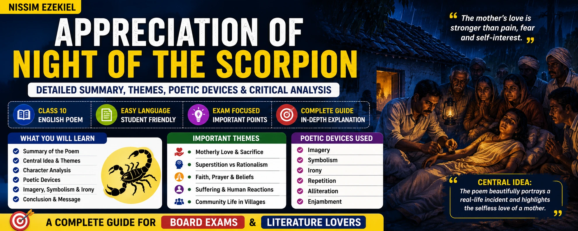 Appreciation of Night of the Scorpion: Summary, Theme, Poetic Devices and Critical Analysis