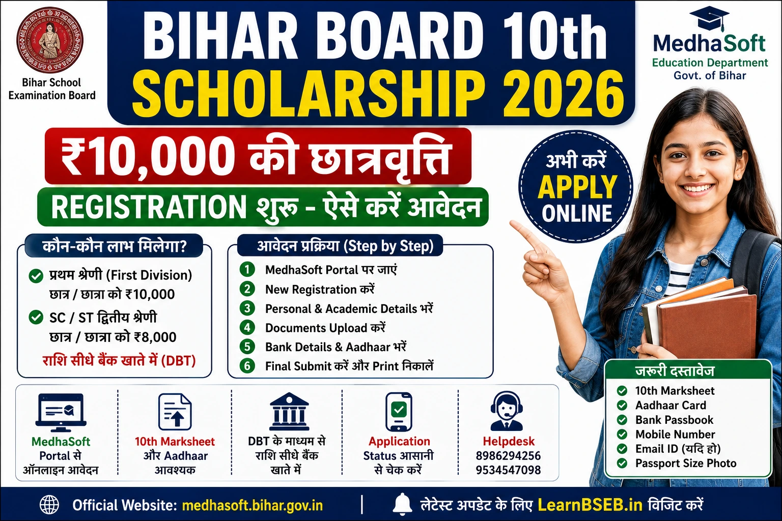 Bihar Board 10th Scholarship 2026: MedhaSoft Registration, Eligibility, Documents और Payment Status